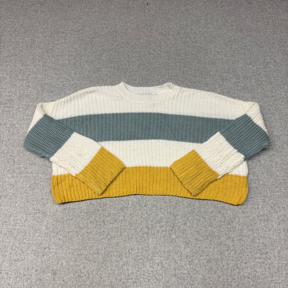 Sincerely Jules Sweater Medium White Teal Yellow Striped Cropped Knit Pullover